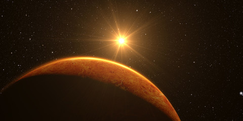 Wall Mural - venus. cinematic and very realistic sunrise seen from space on venus, 3d rendering.