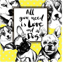 Vector Poster Illustration Of Dogs. All You Need Is Love And A Dog. Siberian Husky, Beagle, Welsh Corgi Pembroke, French Bulldog. Hand Drawn Vintage Engraved Concept Isolated On Polka Dot Backgroung.