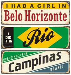 Canvas Print - Retro tin sign collection with cities in Brazil