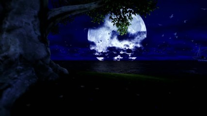 fishing boat sailing, lonely tree with lake and seagulls flying against full moon
