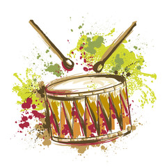 Wall Mural - Drum with splashes in watercolor style. Hand drawn vector illustration