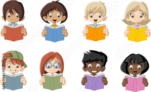 Cute cartoon children reading books. Students.