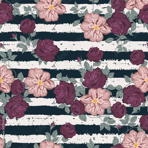Seamless floral pattern with roses on striped background. Retro motif, for wr...