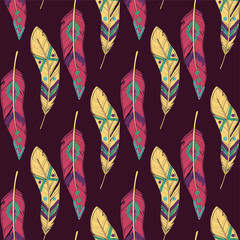 Poster - Vector colorful seamless ethnic pattern with decorative feathers