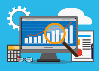 Wall Mural - data analysis. business concept. magnifying glass at the monitor with the schedule graph