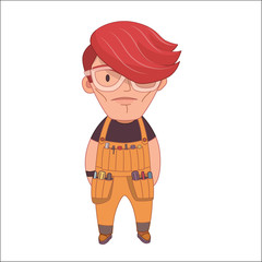 Handyman, flat cartoon vector illustration, a young red haired worker man wearing glasses and an overalls with tool pockets, a part of Dodo people collection