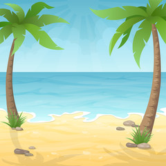 Two palm trees on the beach. Sea beach with palm tree, sea and sky. Vacation travel background.