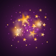 Wall Mural - Magic background with blurred stars. Vector gold defocused stars on purple background.