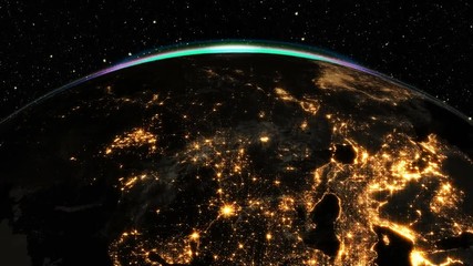highly detailed epic sunrise over world skyline. planet earth europe zone with night time city. 3d r