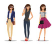 Beautiful young women in fashion clothes. Detailed women characters with accessories. Businesswoman with bag, young girl making selfie and romantic style girl. Flat style vector illustration.