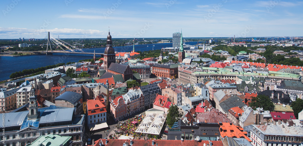 Beautiful super wide-angle panoramic aerial view of Riga, Latvia with ...