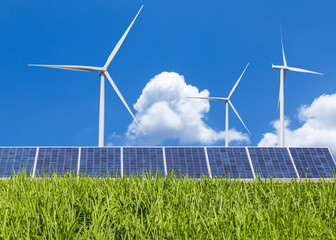 Wall Mural - solar panels and wind turbines renewable energy from nature