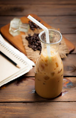 Sticker - Glass Of Cold Coffee with paper note on wood