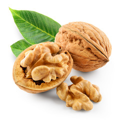 Poster - Walnuts with leaves in closeup. With clipping path.