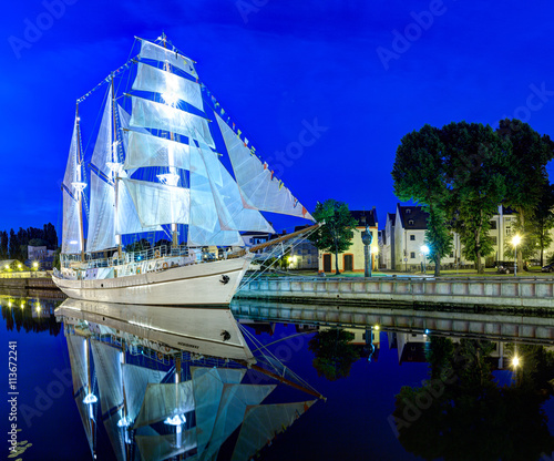 Beautiful Sail Yacht Is Docked On The Danes River Night Scene Of Klaipeda Old Town District Klaipeda Lithuania Buy This Stock Photo And Explore Similar Images At Adobe Stock Adobe Stock