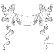 Hand Drawn Contoured Flying Doves With Ribbon