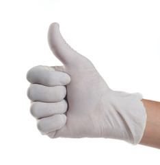 Doctor hand in sterile gloves showing sign, isolated on white ba