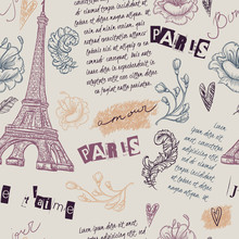 Paris. Vintage Seamless Pattern With Eiffel Tower, Flowers, Feathers And Text. Retro Hand Drawn Vector Illustration.