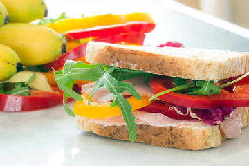 Wall Mural - Healthy lunch food sandwich with turkey and ham on a plate