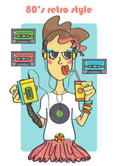 Wall Mural - Cool 80s retro style girl with walkman and music tapes