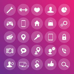 Sticker - 25 icons for web, apps development, websites, round transparent icons set, vector illustration