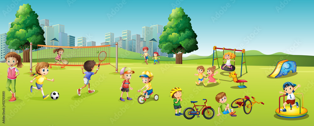 Children playing games and sports in the park Stock Vector | Adobe Stock