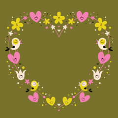 Wall Mural - heart shaped love frame with cute birds