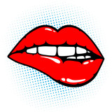 Woman Red Lips Biting On Pop Art Background Vector Illustration