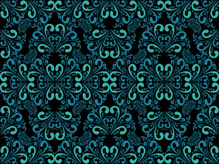  Seamless blue damask Pattern on black.