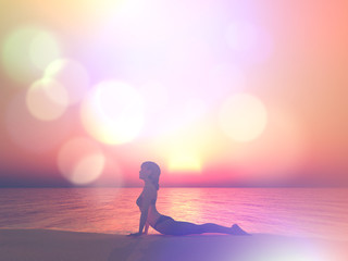 Wall Mural - 3D render of female in yoga pose against sunset ocean