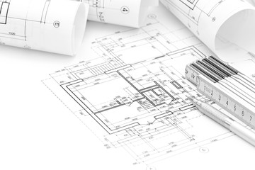 Poster - architect workspace with plan, rolled blueprints and folding rul