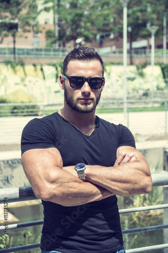Fotografie, Obraz Handsome Muscular Hunk Man Outdoor in City Setting