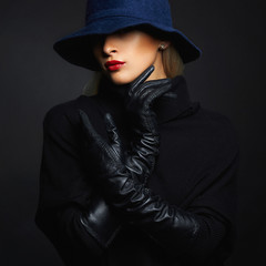 Sticker - Beautiful woman in hat and leather gloves. Retro fashion girl with red lips