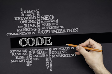 Wall Mural - hand with a white pencil writing: code word cloud