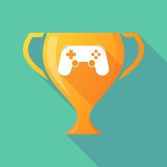 Sticker - Long shadow award cup icon with  a game pad