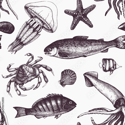 Stoffe zum Nähen Tło wektor morze życie. Małże, ryby, Krab, rozgwiazdy, kalmary, jellyfish, szkic homara. Ręcznie rysowane ilustracja morze życie. Vintage wzór.