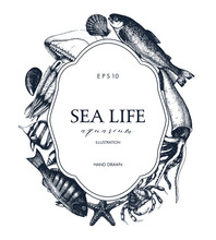 Vector Hand Drawn Design With Seafood. Sketched Frame With Sea Life Illustration - Mussels, Fish, Crab, Starfish, Squid, Jellyfish. Vintage Marine Template. 