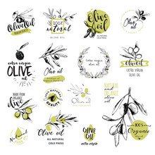 Set Of Hand Drawn Watercolor Stickers And Badges Of Olive Oil. Vector Illustrations For Olive Oil Labels, Packaging Design, Natural Products, Restaurant