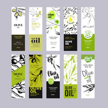 Olive Oil Labels Collection. Hand Drawn Vector Illustration Templates For Olive Oil Packaging.