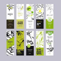 Wall Mural - Olive oil labels collection. Hand drawn vector illustration templates for olive oil packaging.