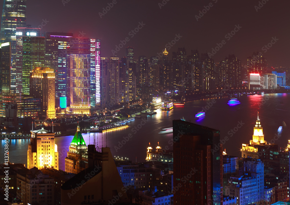 Aerial photography at Shanghai bund Skyline of night scene - obrazy, fototapety, plakaty 