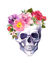 Human Skull - Flowers In Boho Style. Watercolor