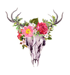 Wall Mural - Deer animal skull with flowers. Watercolor