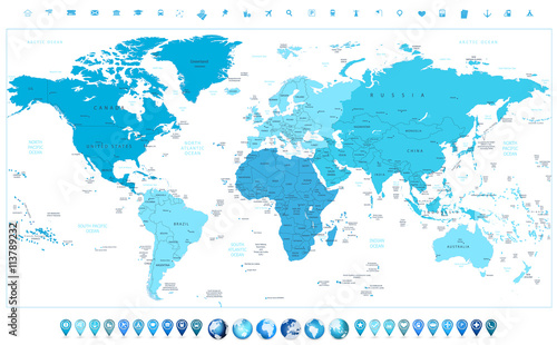 Fotomural World map continents in colors of blue and glossy globes with ma