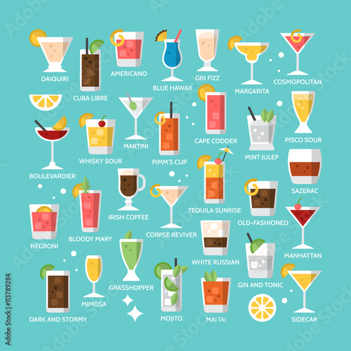 Cocktail alcohol mixed drink icons for menu, web and graphic des Poster Mural XXL
