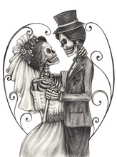 Art Skull Day Of The Dead.Art Design Skull Wedding In Love Action Smiley Face Day Of The Dead Festival Hand Pencil Drawing On Paper.