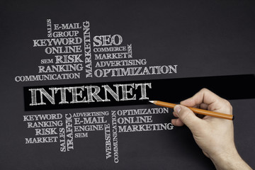 Sticker - hand with a white pencil writing: internet word cloud