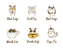 Cute Owls, Cat And Panda Drinking Coffee. Hand Drawn Symbols, Icons, Illustrations