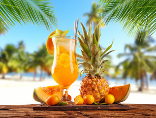 Wall Mural - Summer sandy beach with fruit ice drink