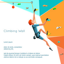 Training Climbing Wall With Grips And Holds. Rock Climbing Boy. Stylized Climbing Wall  Isolated On White Background. Bouldering Sport. Graphic Climbing Design Editable. Vector Illustration